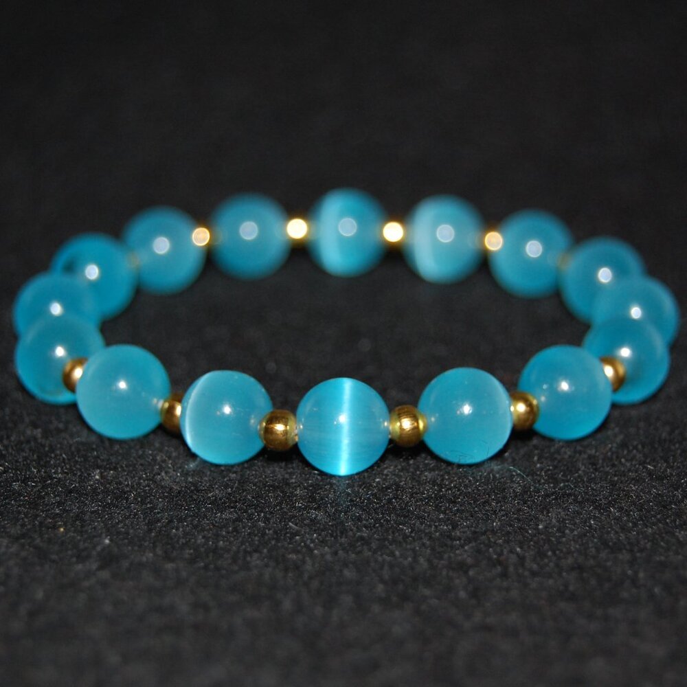 Blue Cat Eye Bracelet,Blue Bracelet,10mm Blue Cat Beaded Bracelet,Special,Lovely